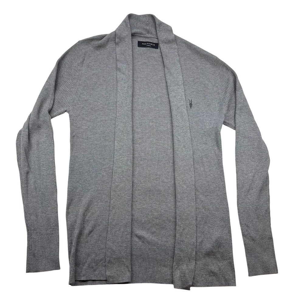 AllSaints Mode Open Cardigan Regular Fit Grey Ribbed Wool Blend Ramskull XS